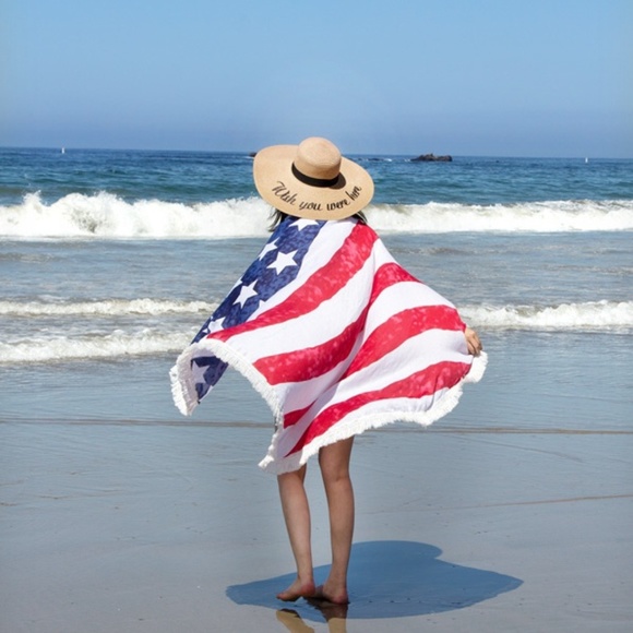 American Flag Round Beach Towel or Throw Fringed - Picture 2 of 5